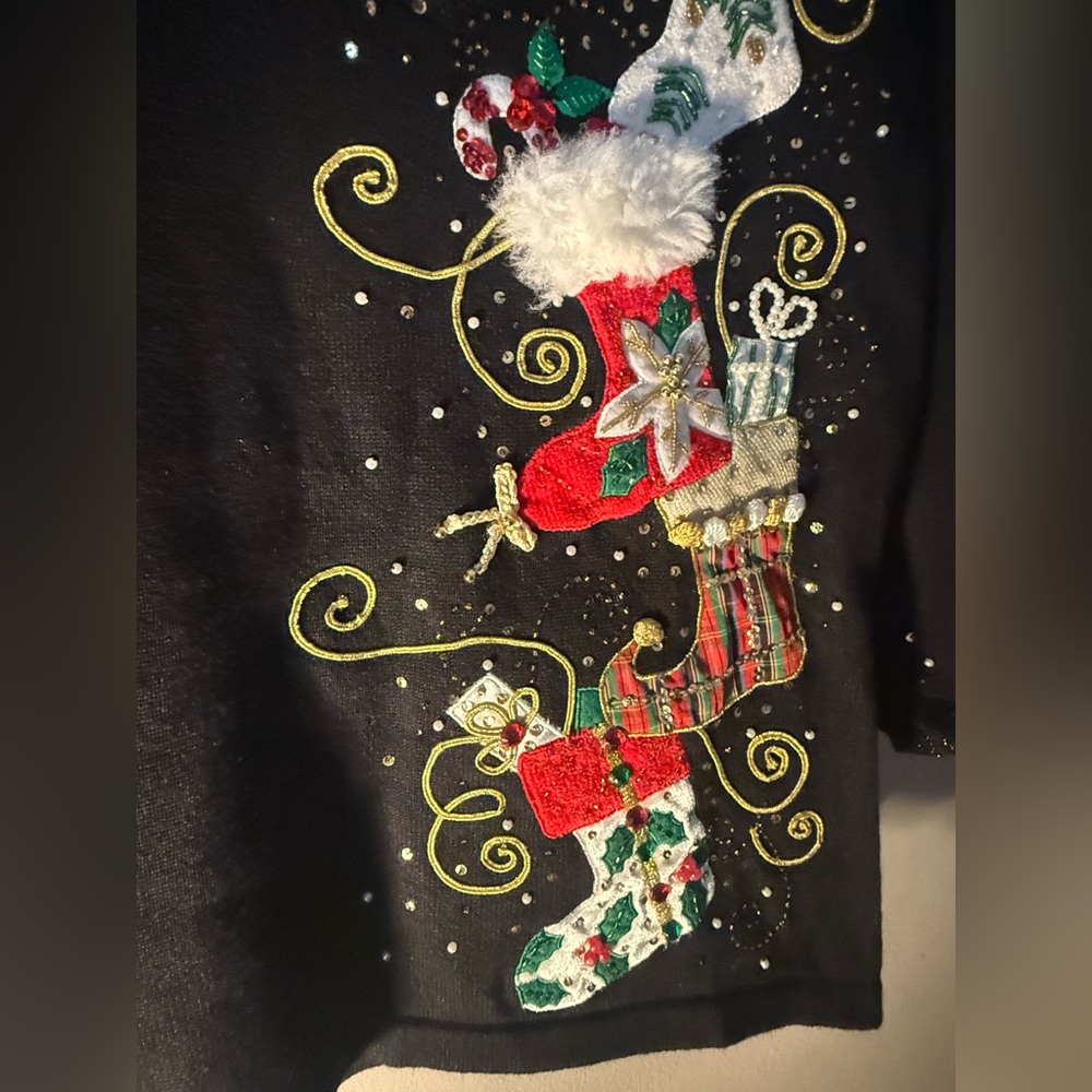 Collective Works of Berek 2 Festive Black Holiday Sweater w/ Embellishments - M - Picture 3 of 11